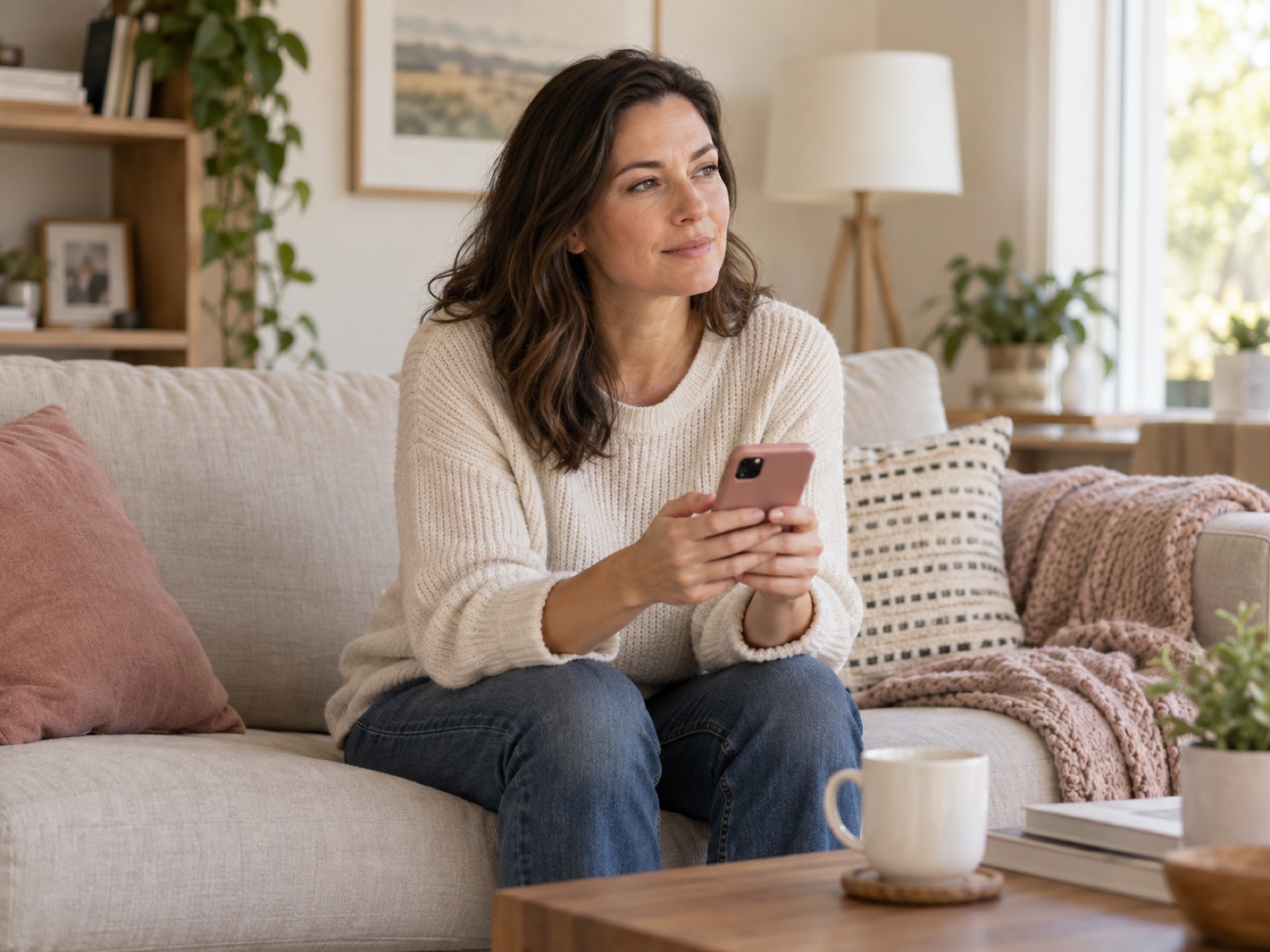 Woman sitting on her sofa with her phone after booking an appointment.