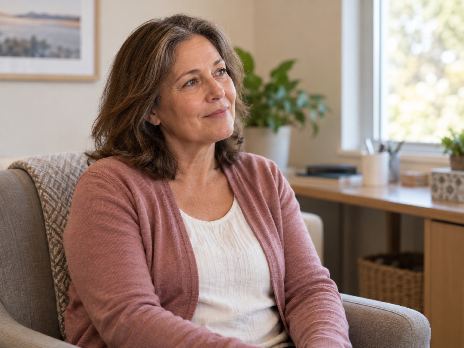 Woman listening attentively during a conversation in a warm consultation room.