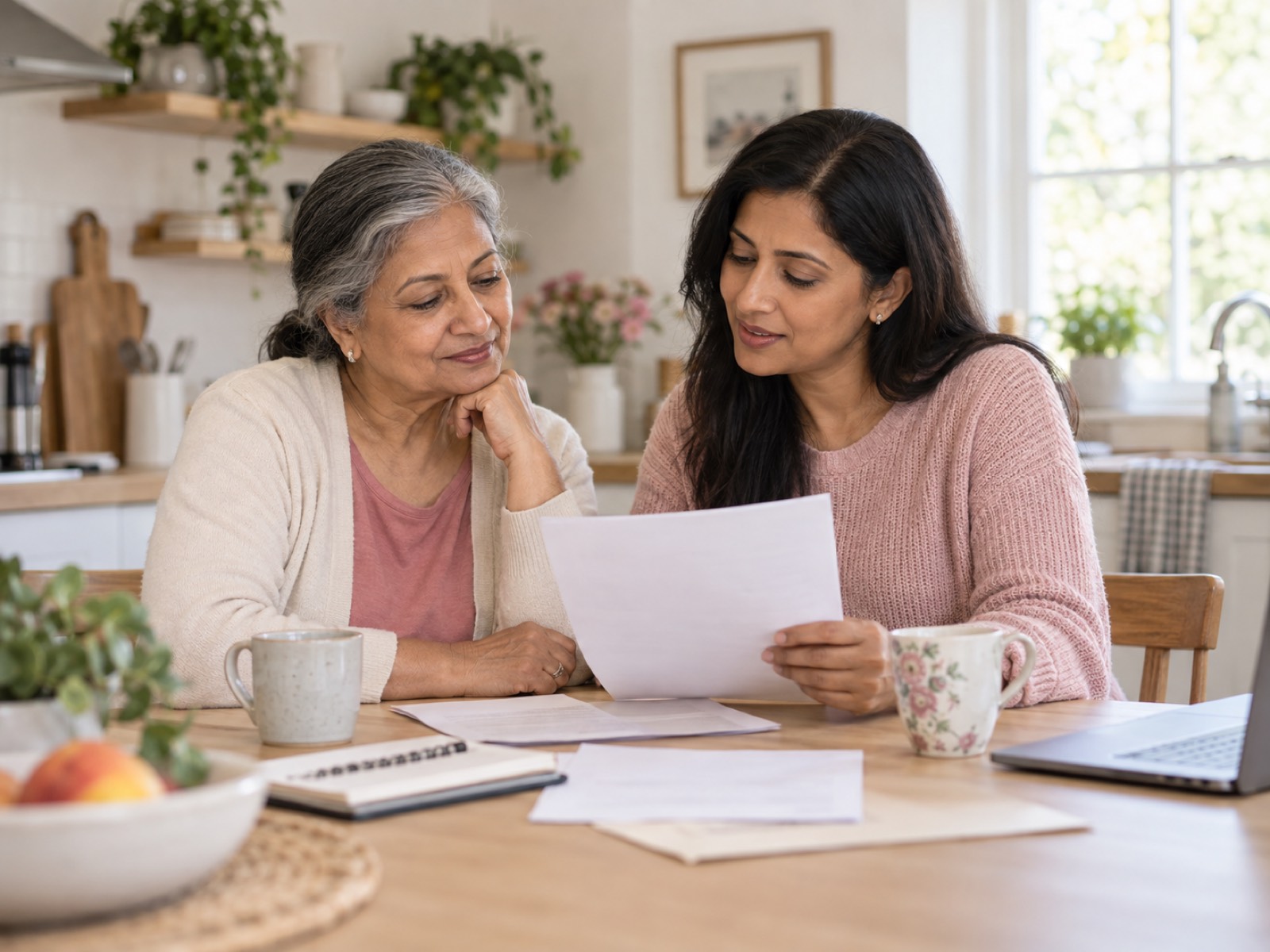 Mother and adult daughter reviewing family health papers together at a kitchen table.