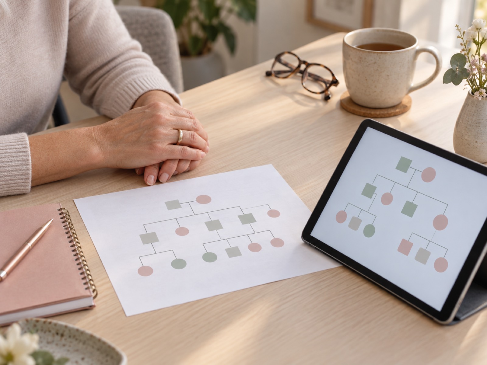 Woman's hands beside a family-history chart, tablet, glasses and cup of tea on a consultation desk.