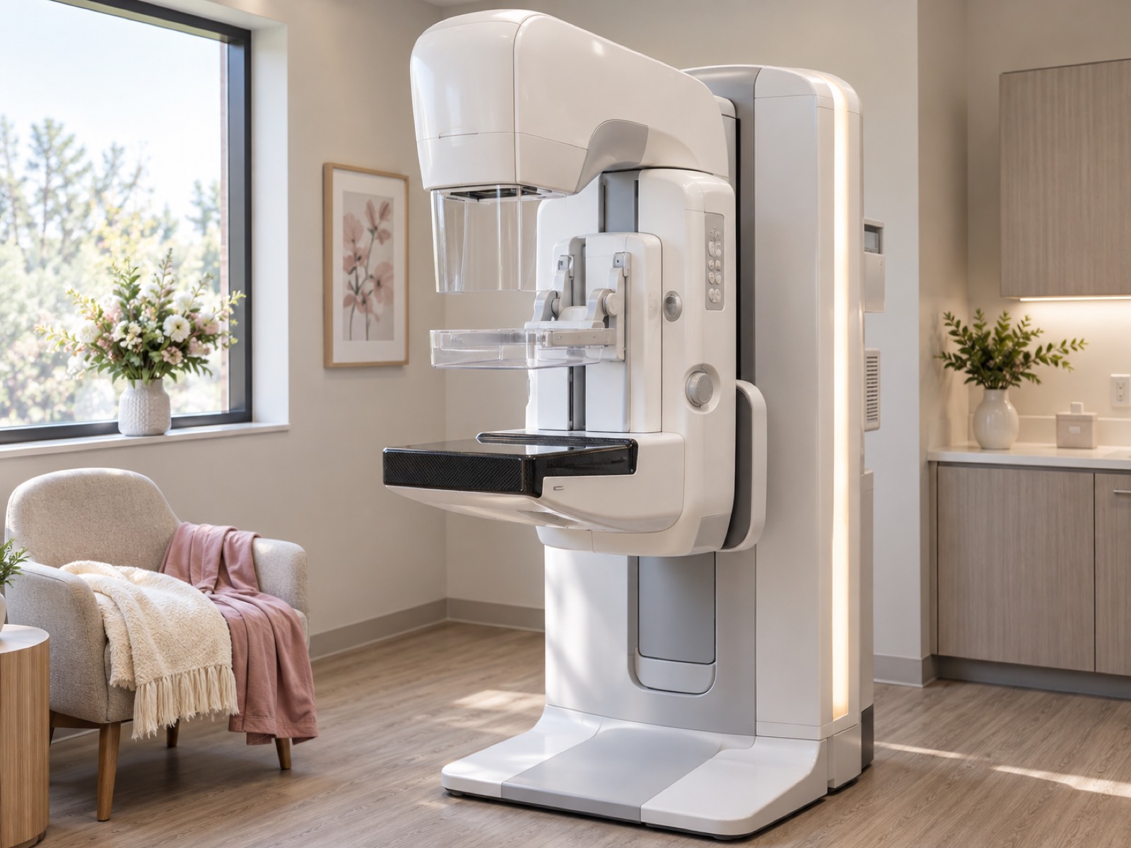 Modern mammography unit in a bright imaging room with a warm blanket and robe nearby.