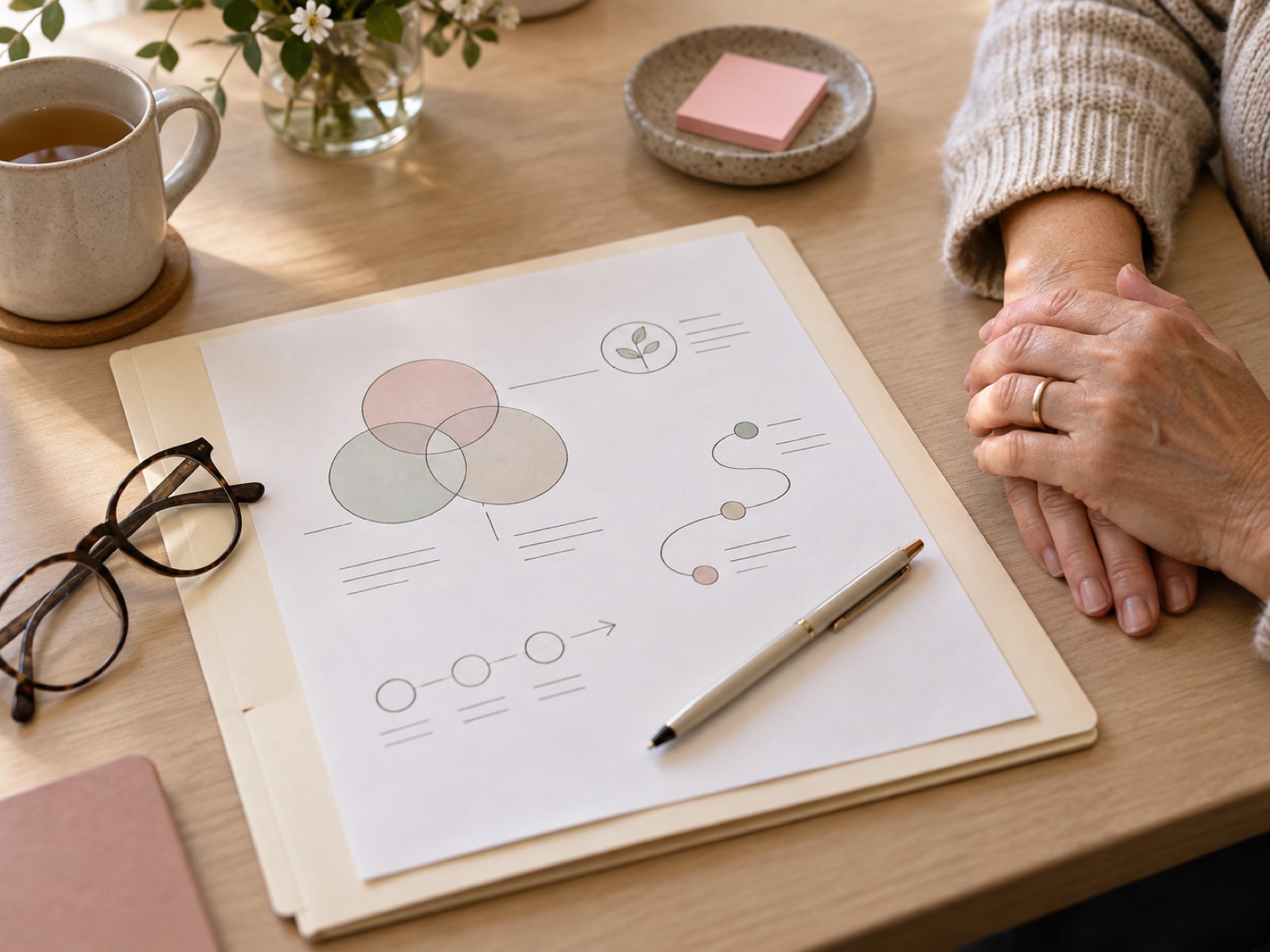 Woman's relaxed hands beside simple care-planning notes, glasses and a pen on a warm timber desk.