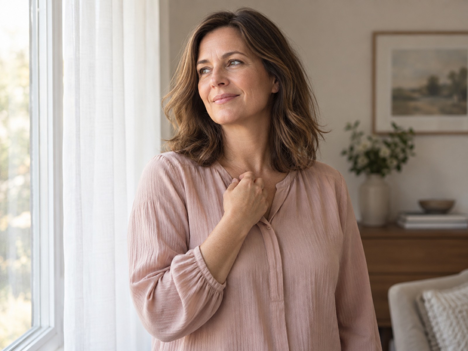 Woman in a soft blush blouse standing comfortably beside a sunlit window.