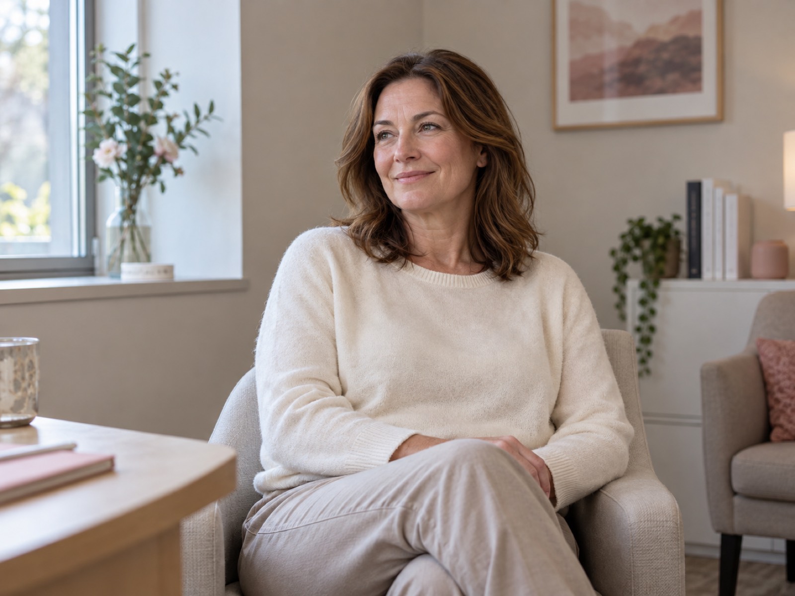 Woman in a cream knit top sitting calmly in a warm, light-filled consultation room.