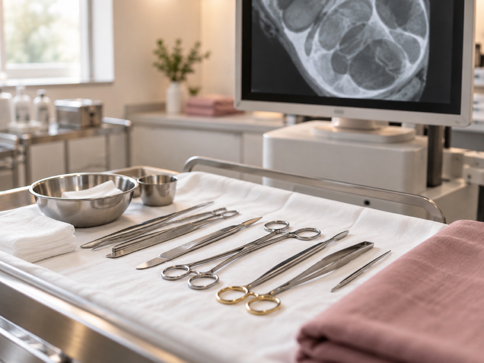 Clean surgical instruments arranged carefully beside a medical imaging monitor in a bright clinical room.