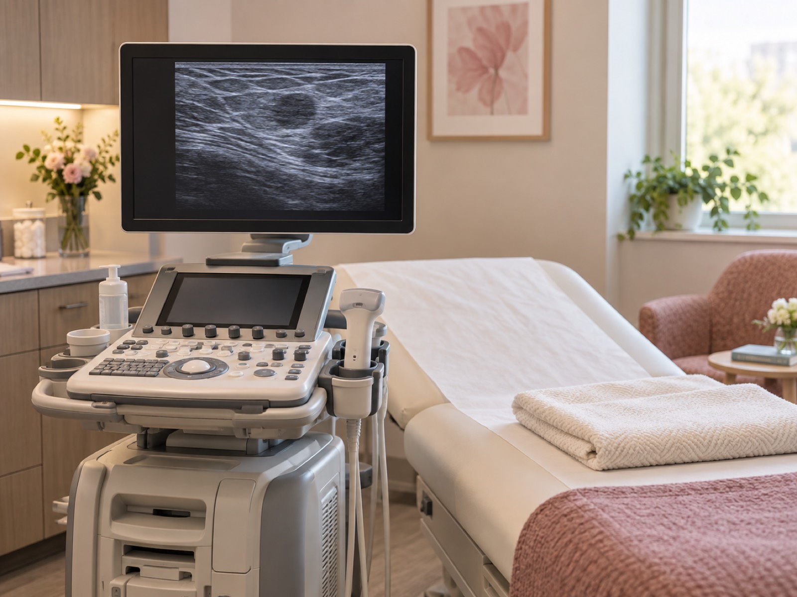 Ultrasound equipment prepared in a warm, bright examination room with folded blankets.